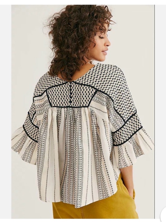 Free People Tops - Free People Ivory and Black Patterned Peasant Blouse